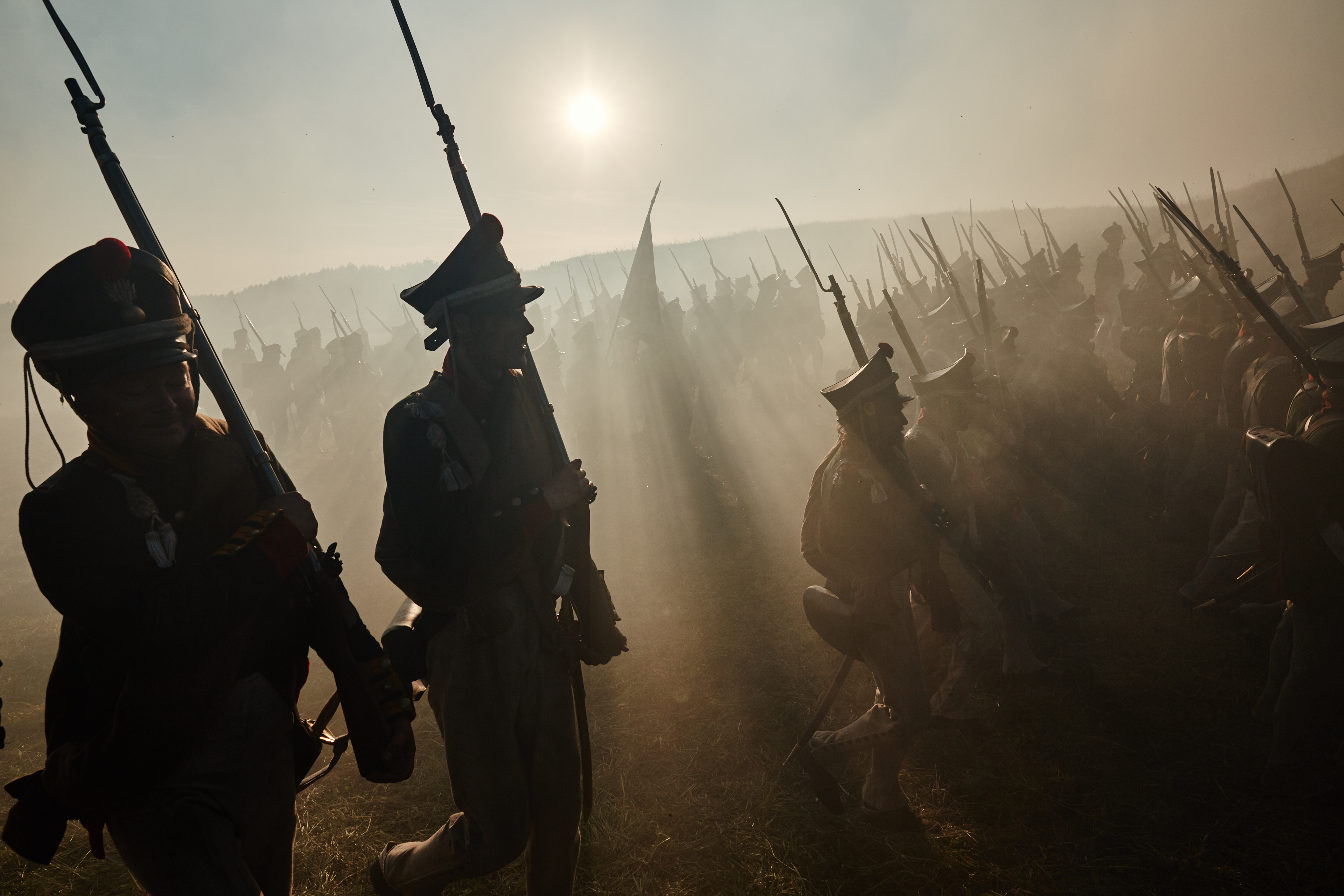 Soldiers march in the sunrise